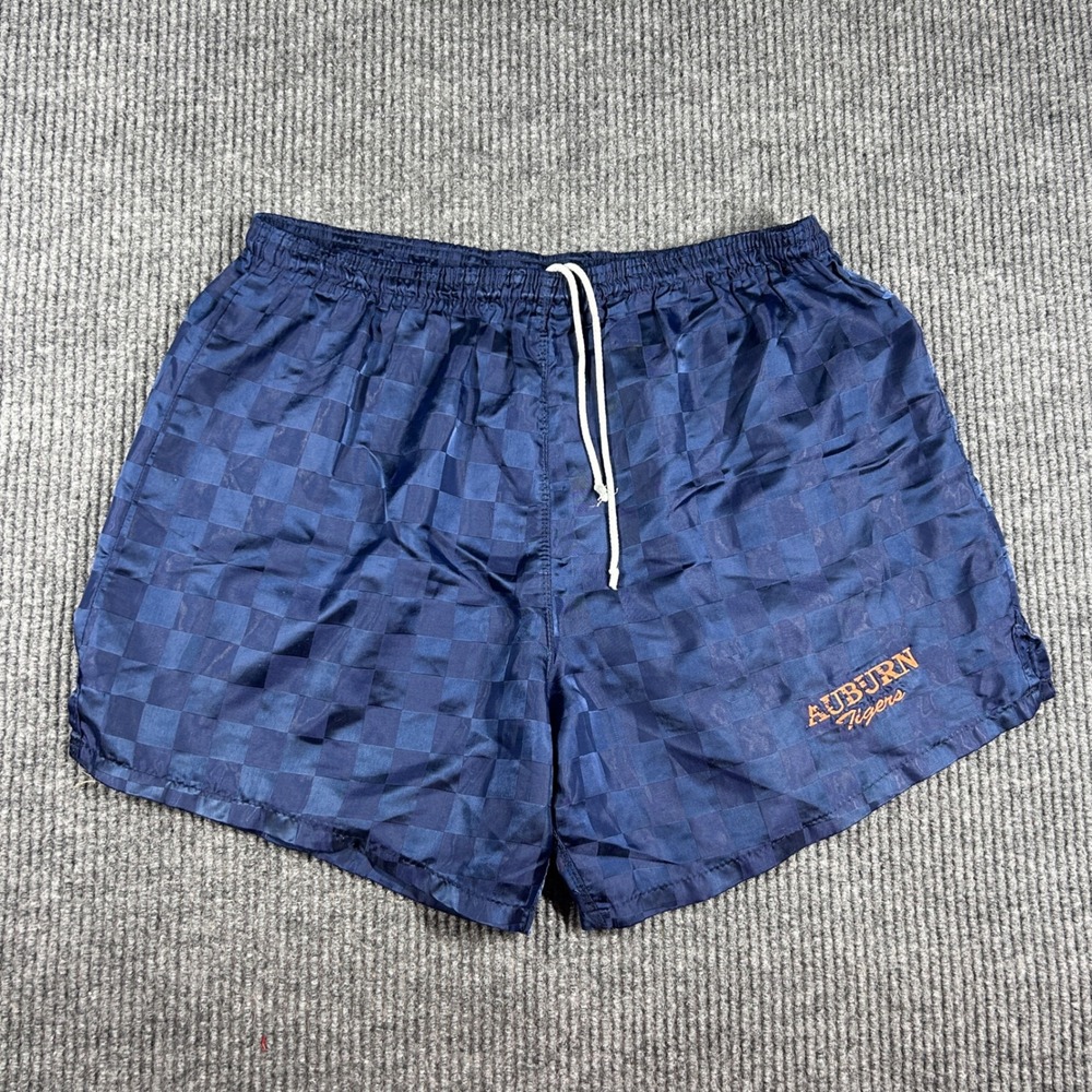 Vintage Auburn Tigers NCAA Shorts Mens XL Navy Blue Checkered Nylon Drawstring
